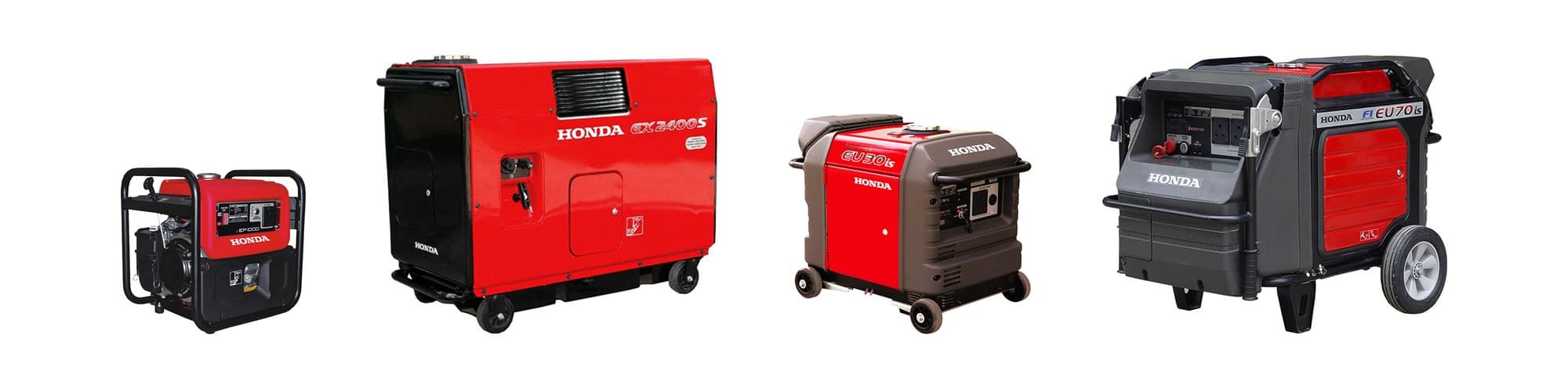 Honda EP1000, EX2400S, EU30is and EU70is portable petrol generators side by side, sized by their published heights